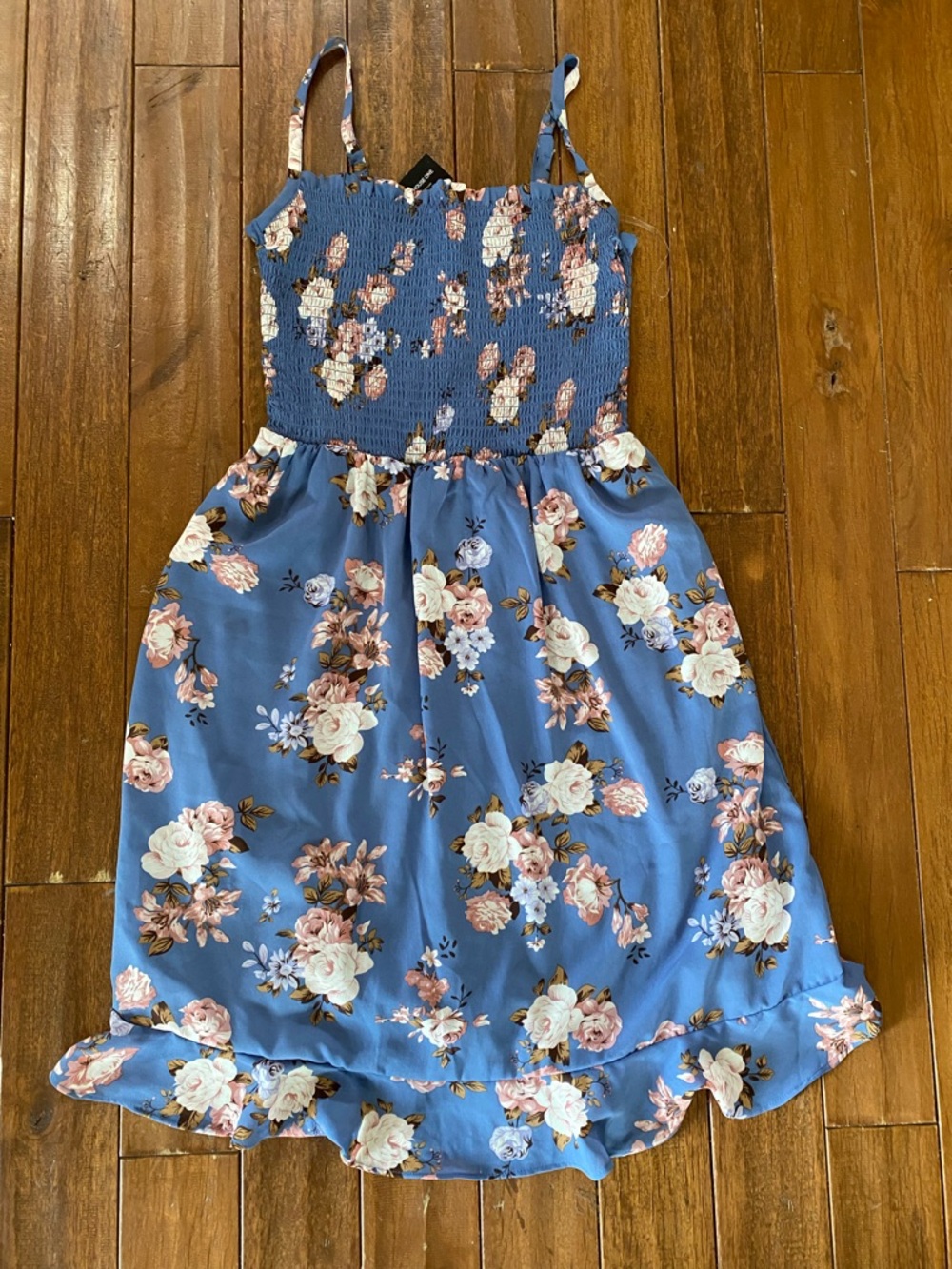 Blue Floral Smocked Bodice Sun Dress